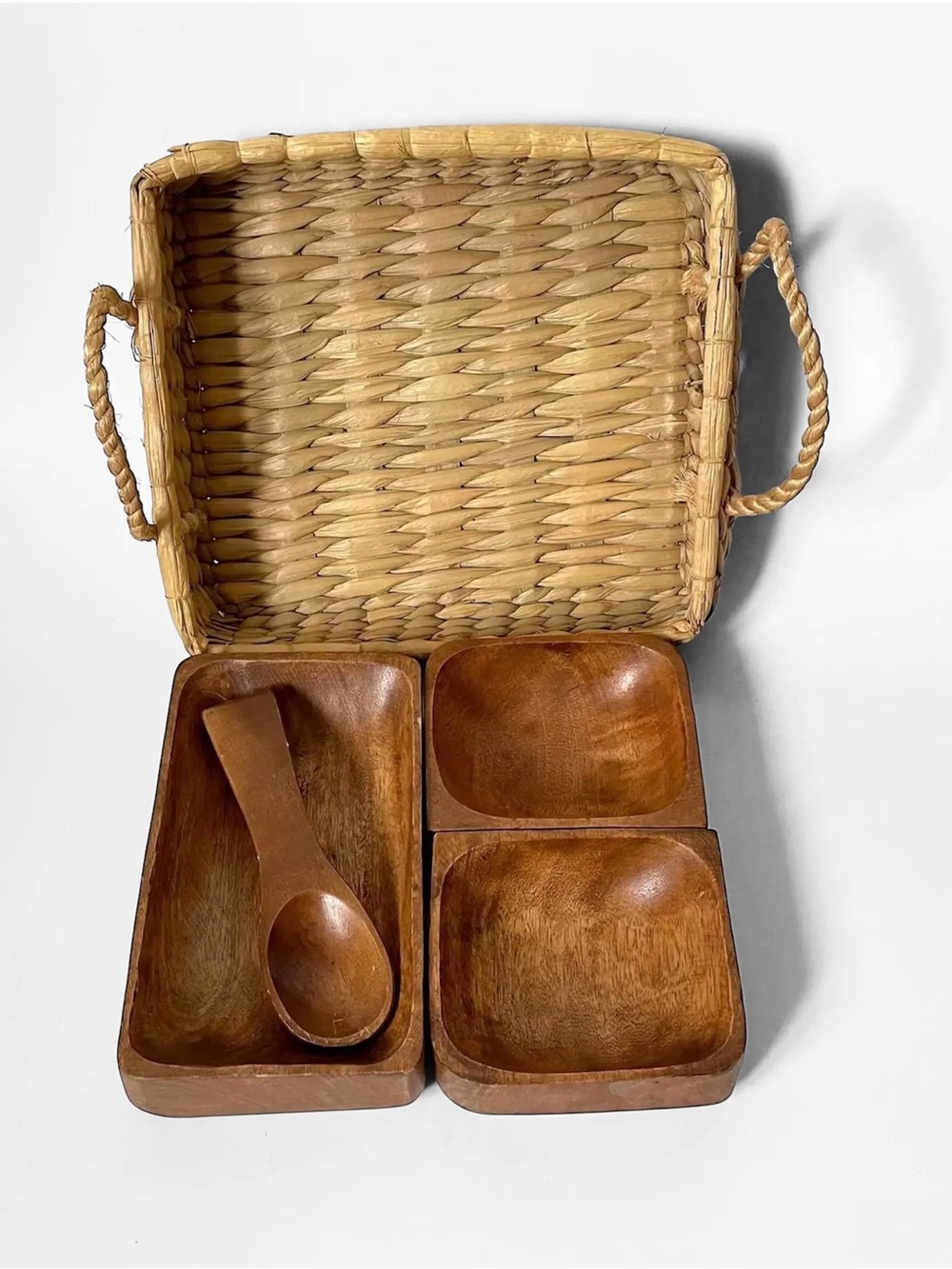 VTG Monkey Pod Wood Serving Dish Spoon Woven Basket Tray Boho MCM - Philippines